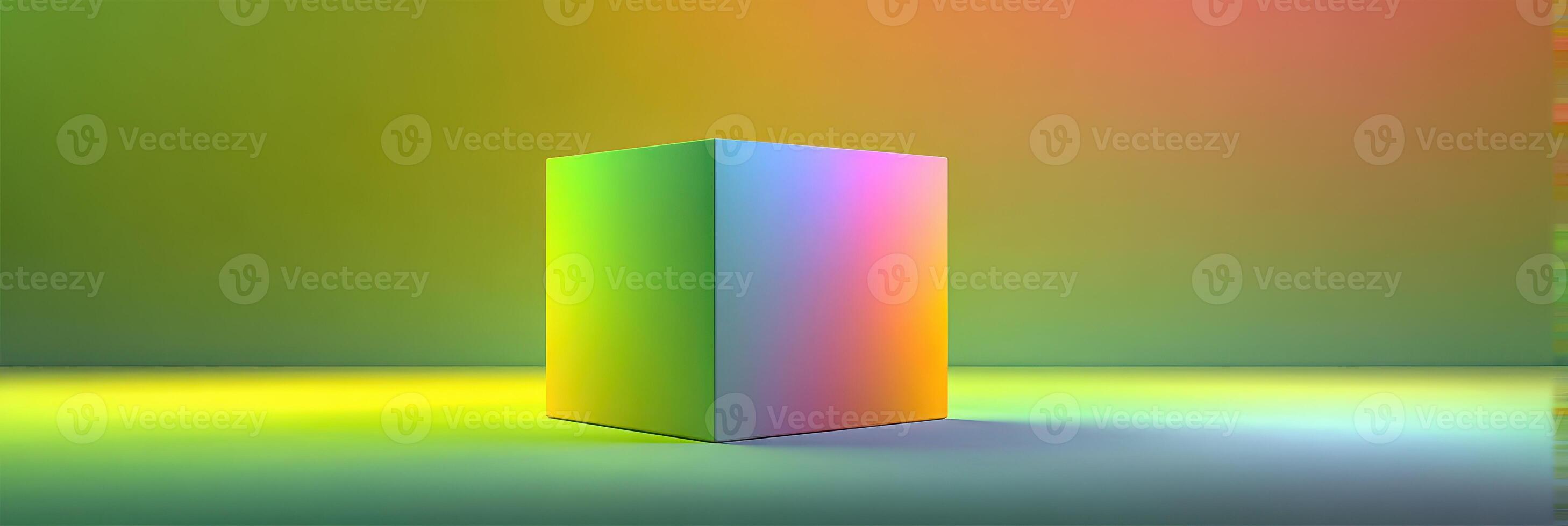 Colorful cube standing on a smooth surface in a vibrant gradient background at an art installation photo