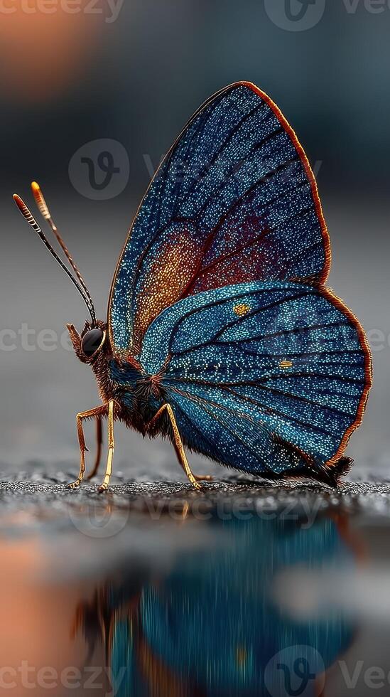 Colorful butterfly resting on a surface at sunset, showcasing intricate patterns and vibrant hues photo