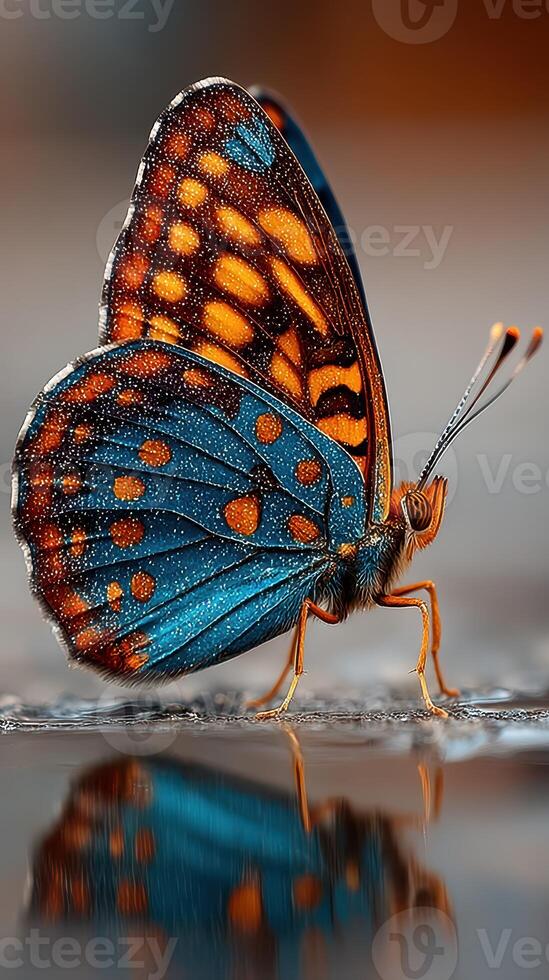 Colorful butterfly rests on a wet surface reflecting vibrant hues during a sunny afternoon photo
