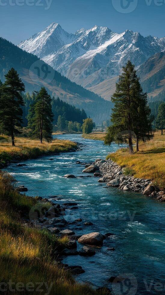 Mountain river flows through a lush valley filled with evergreen trees and snow-capped peaks during a clear day photo