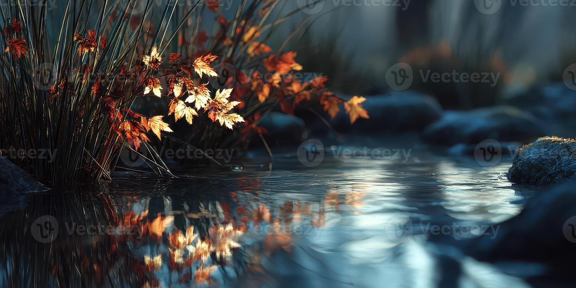 Autumn leaves gently reflected on a tranquil stream in a serene forest setting at dusk photo