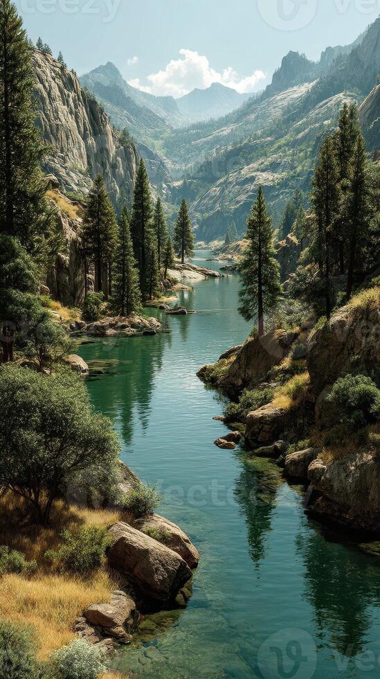 Scenic river winding through mountains and lush greenery on a sunny day in a pristine natural landscape photo
