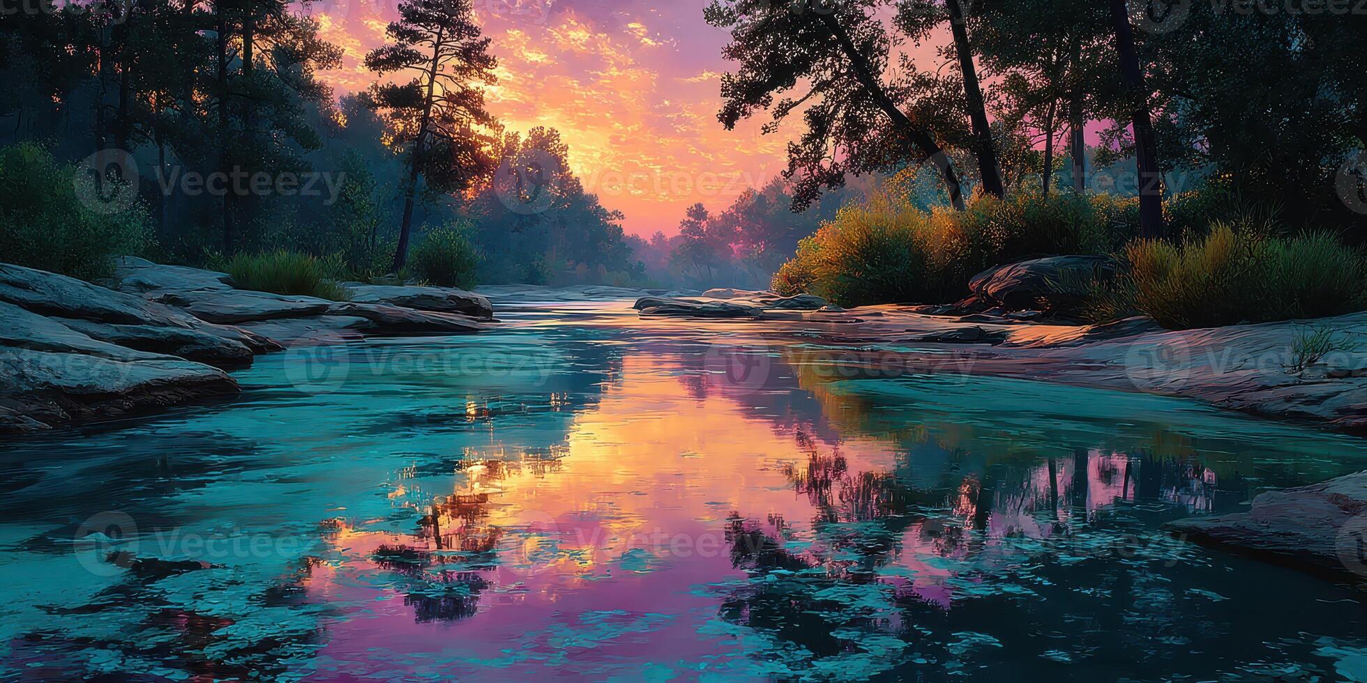Colorful sunset over a tranquil river with reflections and trees near a rocky shoreline photo