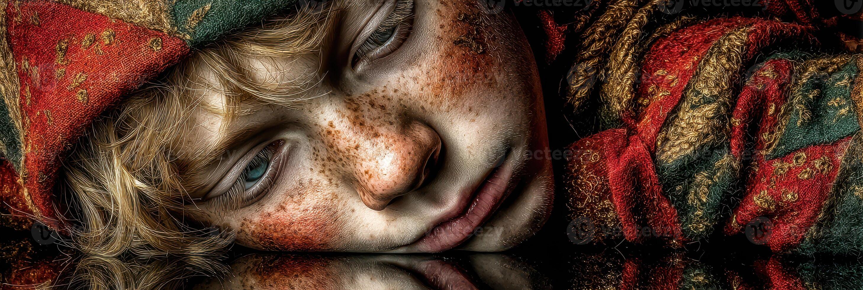 Child in a colorful patterned hoodie rests on a reflective surface in a dimly lit environment photo