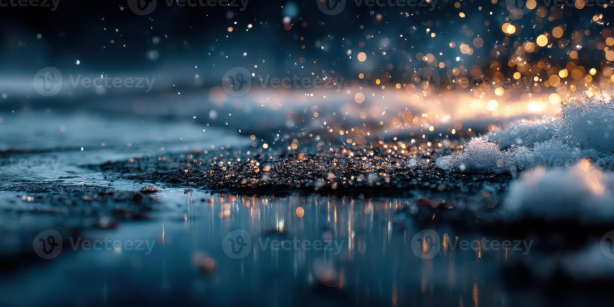 Raindrops create shimmering reflections on wet pavement during evening hours in a serene outdoor environment photo
