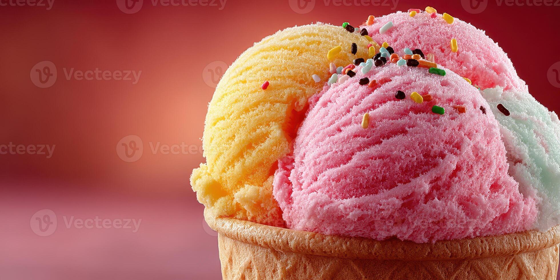 Colorful ice cream scoops in a cone on a vibrant background ready for summer enjoyment and sweet treats photo