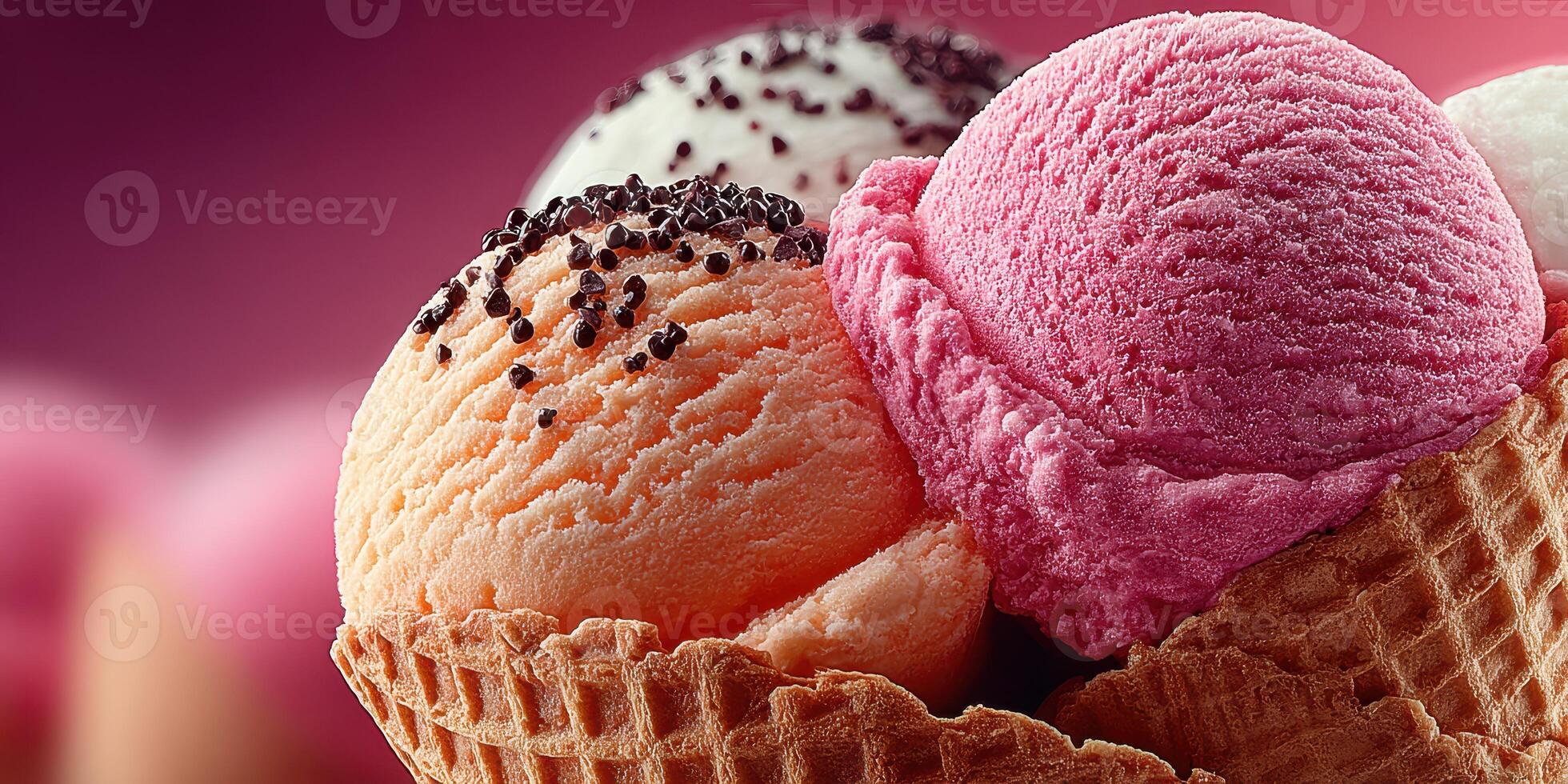 Colorful scoops of ice cream in a waffle cone ready to be enjoyed on a warm summer day photo