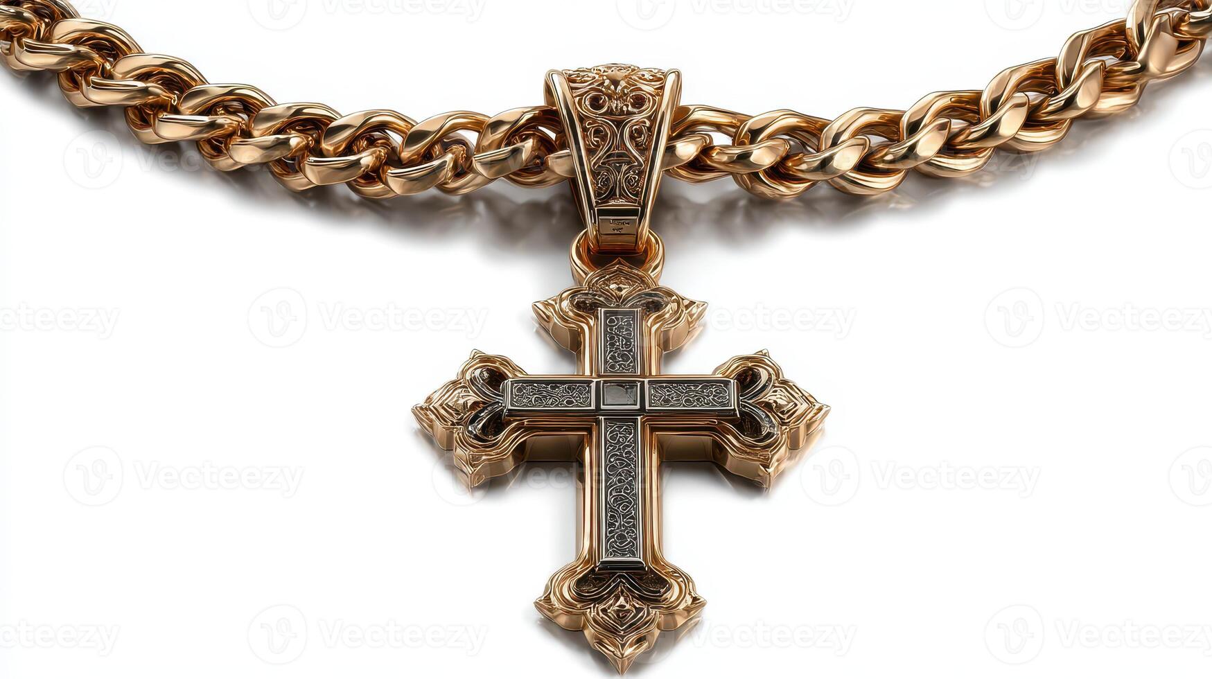 Intricate gold chain with decorative cross pendant showcased elegantly against a plain background photo