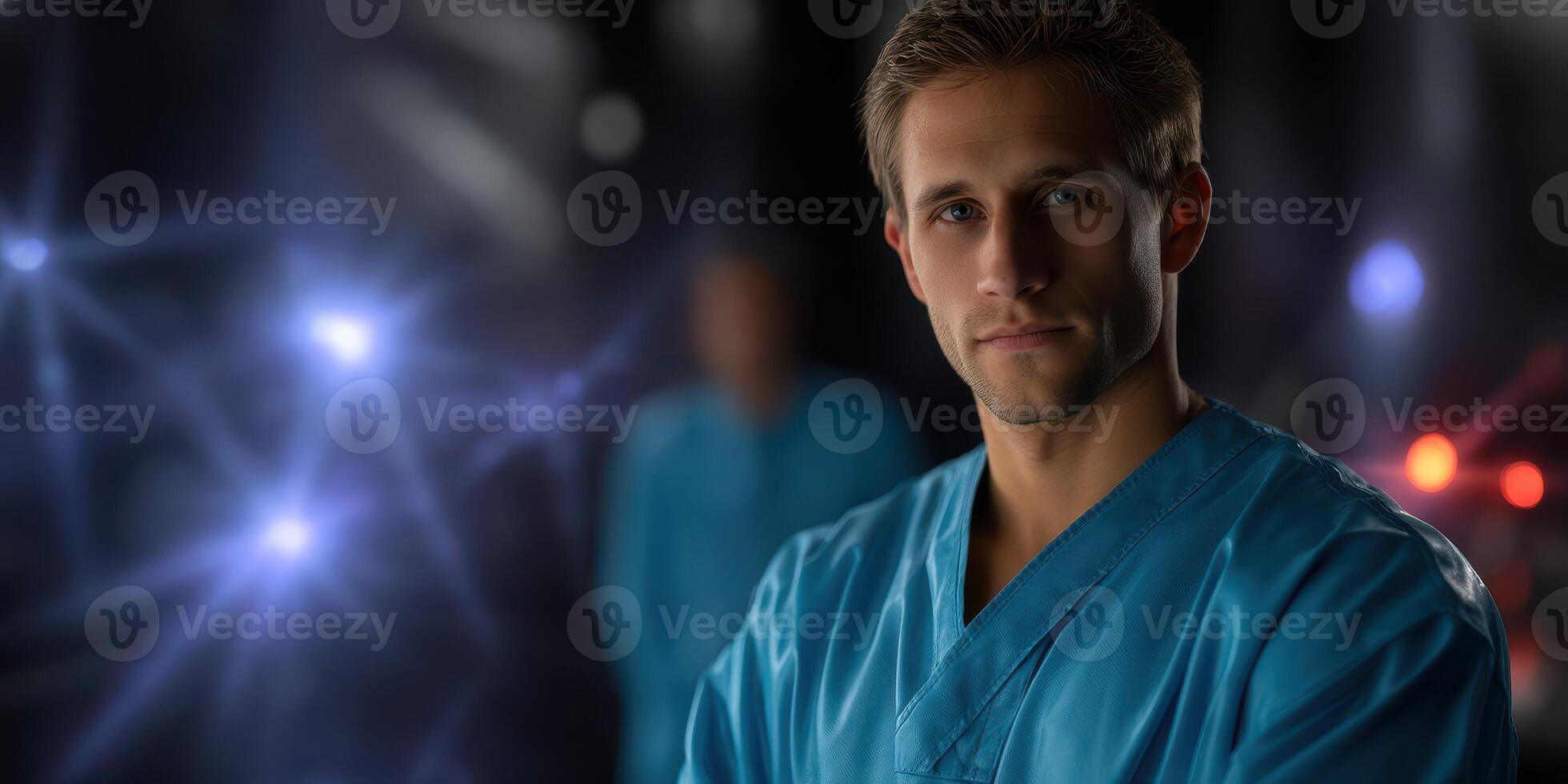 Medical professional in blue scrubs stands confidently during nighttime hospital shift showing readiness and focus photo