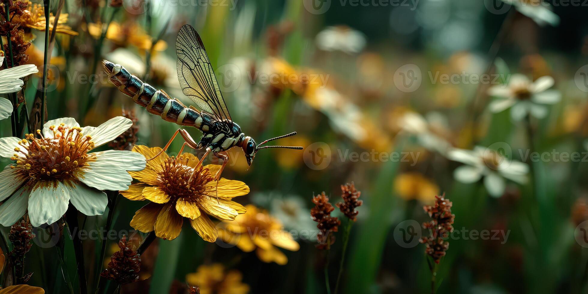Insect perched on vibrant flowers in a meadow during bright daylight photo
