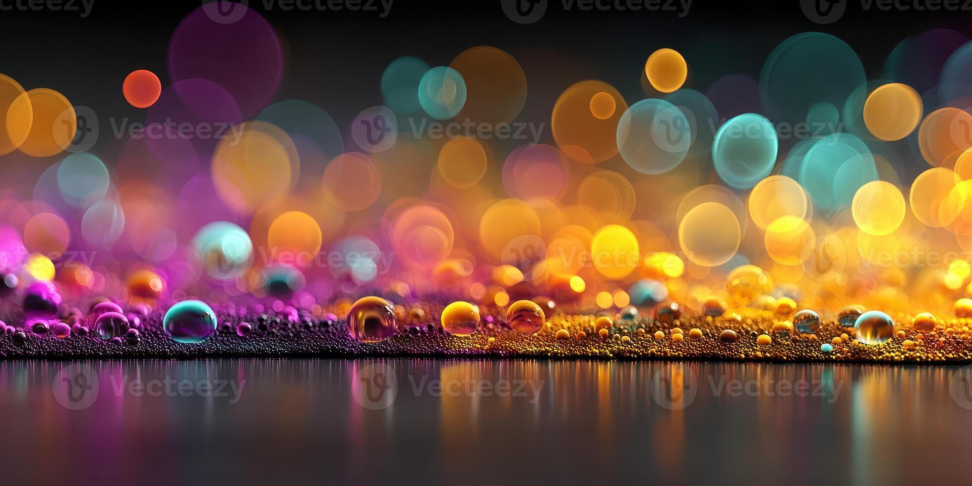 Colorful bokeh lights and droplets create a vibrant and dreamy atmosphere in a darkened background photo
