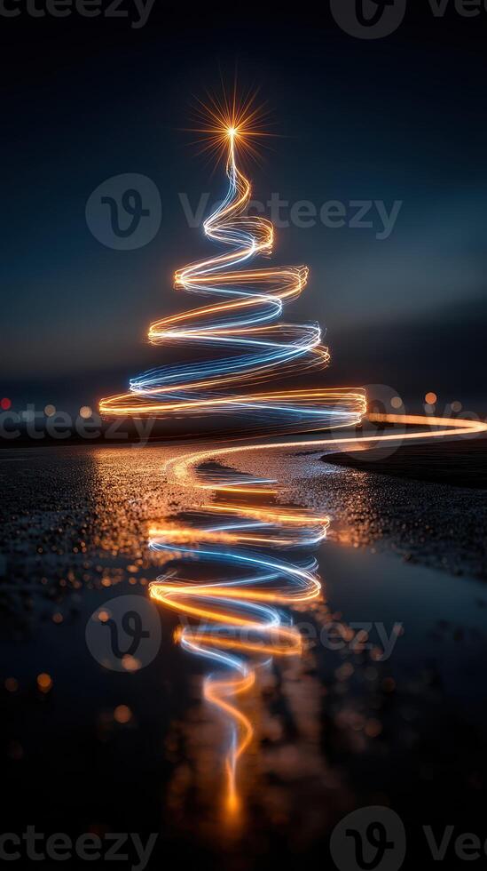Light trails form a colorful Christmas tree at night near a reflective surface photo