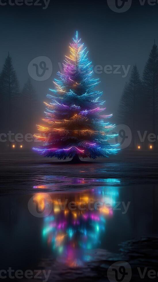 Colorful illuminated Christmas tree shines brightly in a misty forest at night photo