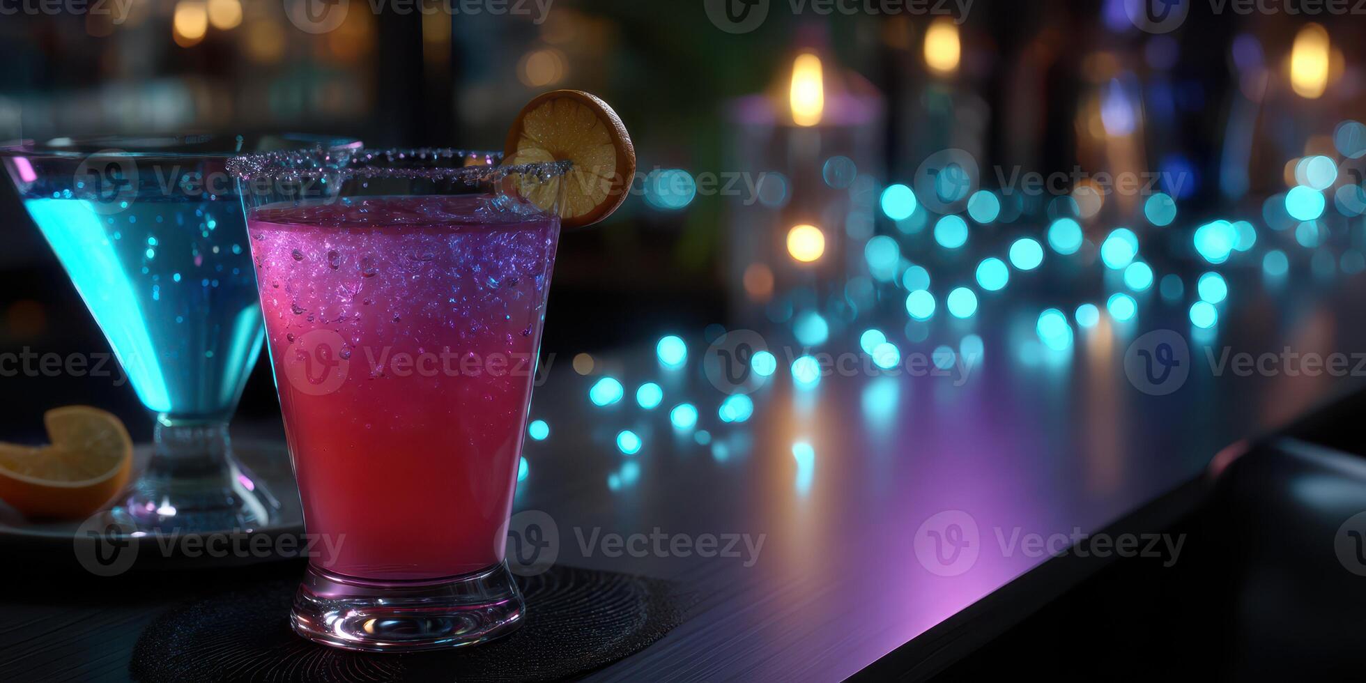 Colorful drinks on a bar counter with glowing lights in the background during a lively night out photo