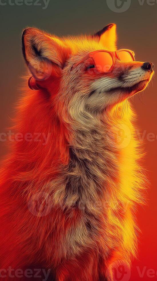 Stylish fox with sunglasses posed against a warm gradient backdrop during a sunset photo