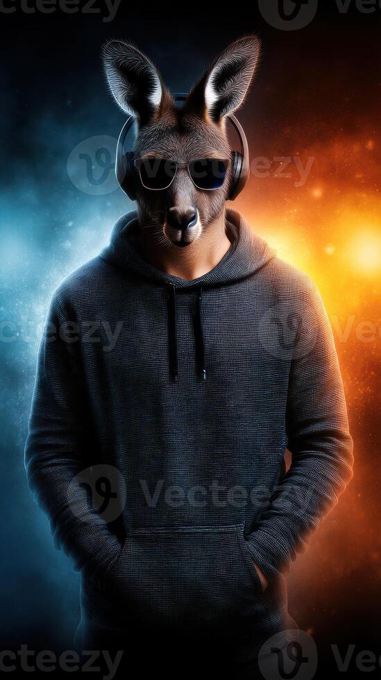 Kangaroo character wears headphones and sunglasses in a dramatic split-color background with orange and blue tones photo