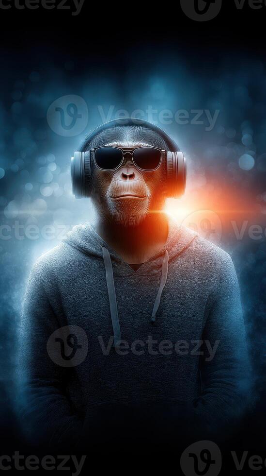 Stylish monkey wearing headphones and sunglasses in a vibrant, colorful setting with a blurred background photo