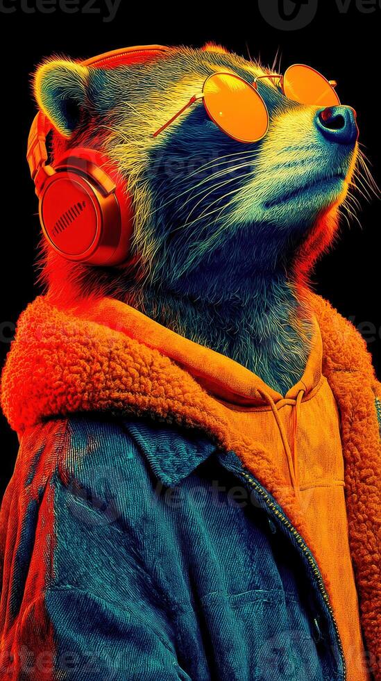Raccoon wearing headphones and sunglasses showcases unique style and confidence photo