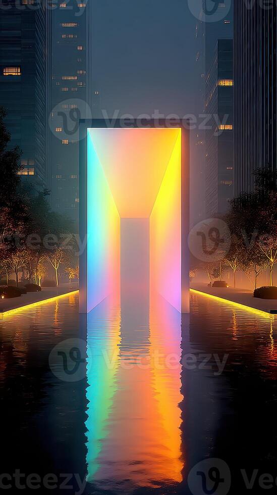 Vibrant illuminated structure reflecting in water at night in an urban setting with tall buildings photo