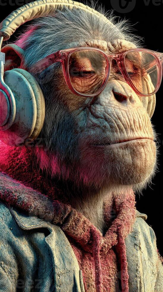 Stylish monkey listens to music with headphones and glasses in a virtual environment during a creative session photo