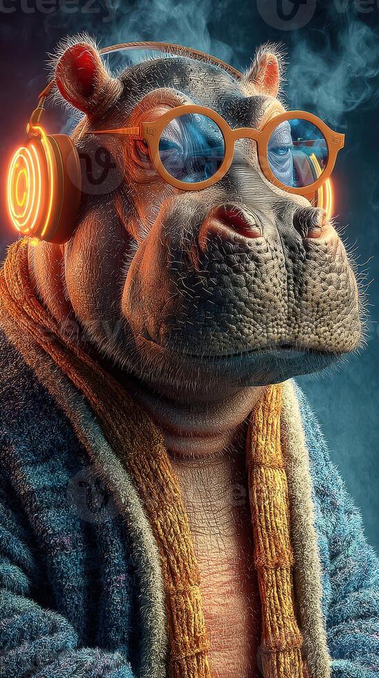 Hippo wearing glasses and headphones, relaxing at home in a cozy robe with a stylish background photo