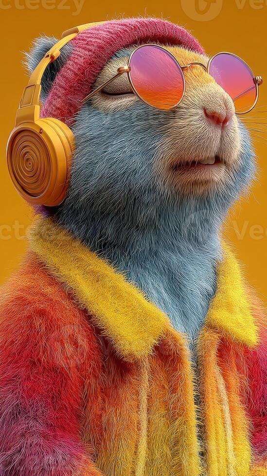 Stylish cartoon animal enjoys music with colorful attire and headphones in a vibrant setting photo