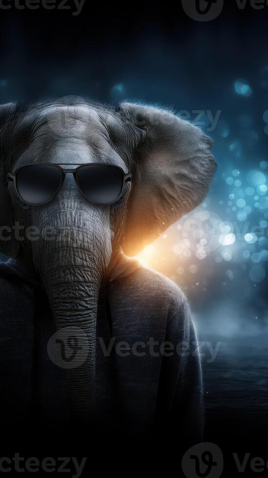Elephant with sunglasses and hoodie stands confidently against a glowing background photo