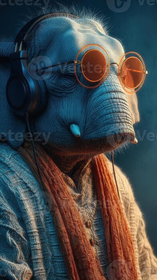 Elephant wearing orange glasses and headphones enjoys music indoors during a relaxed evening photo
