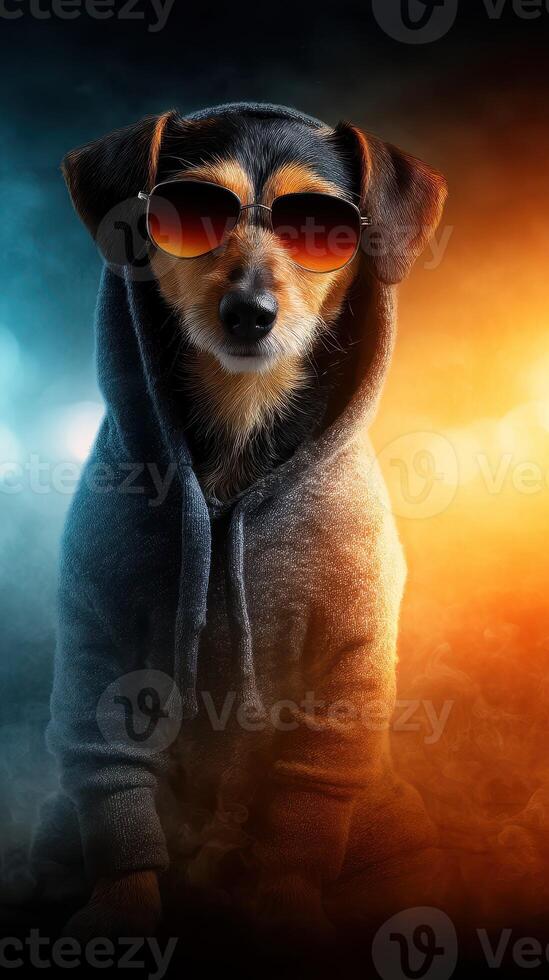 Dog wearing sunglasses and hoodie poses confidently in a colorful light setting at night photo