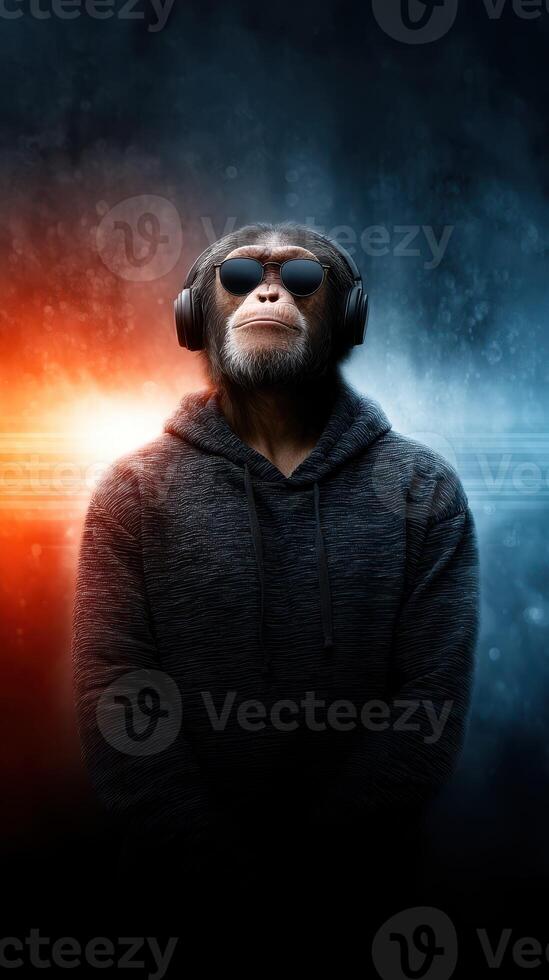 Monkey wearing headphones and sunglasses enjoying music in a vibrant digital space photo