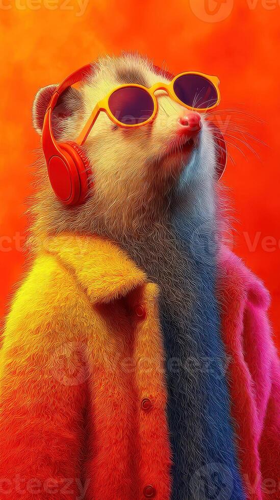 Stylish opossum wearing sunglasses and headphones in a vibrant orange and yellow setting during a sunny day photo