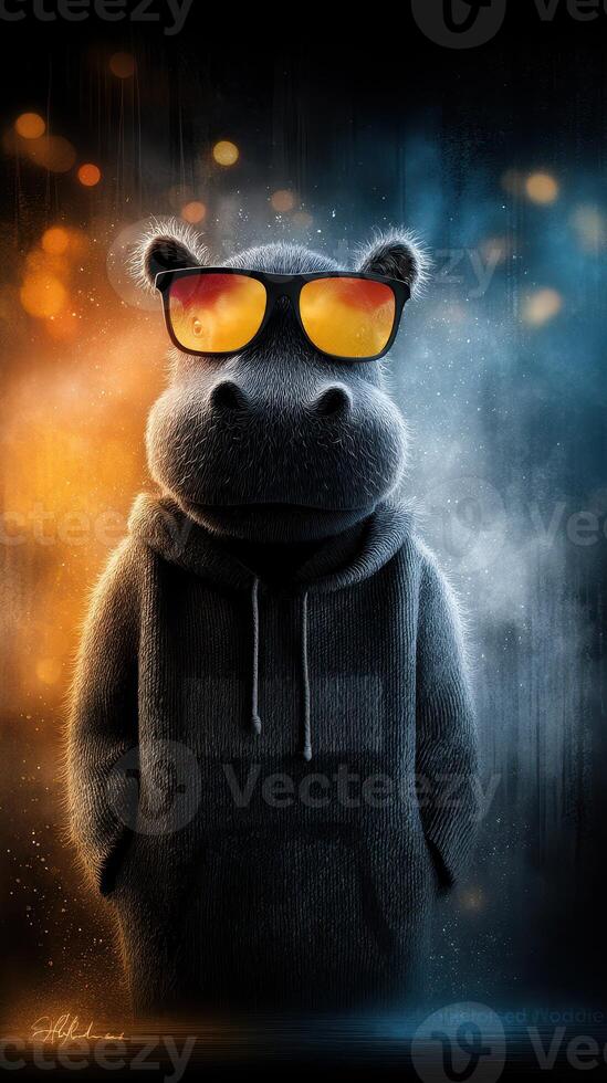 Hippo character wearing sunglasses and hoodie in a vibrant, abstract background during an evening setting with moody lighting photo