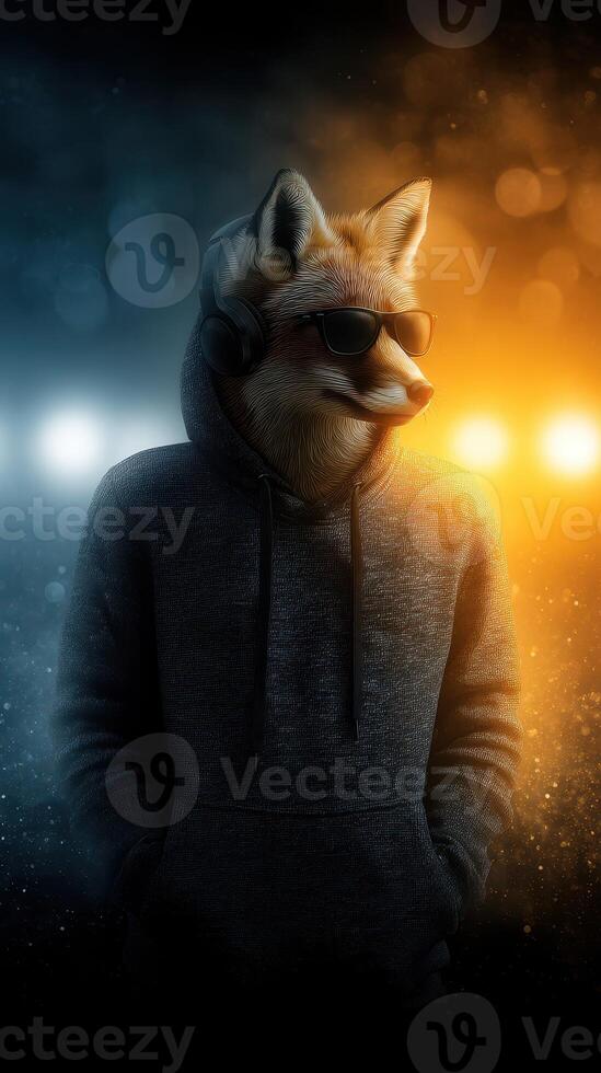 Fox character wearing sunglasses and headphones in a stylish urban setting with dynamic lighting at night photo