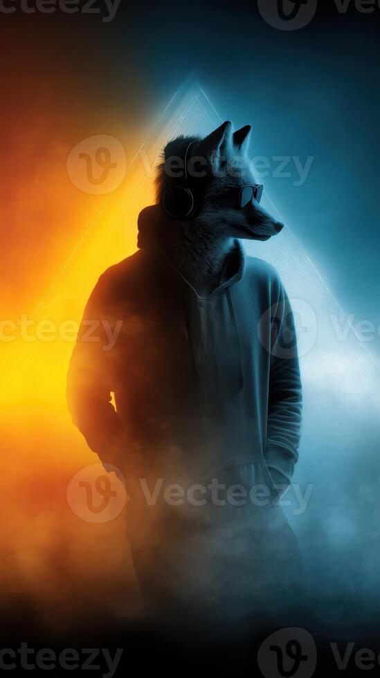 Stylish anthropomorphic fox character in vibrant colors with headphones and hoodie against a dynamic background photo