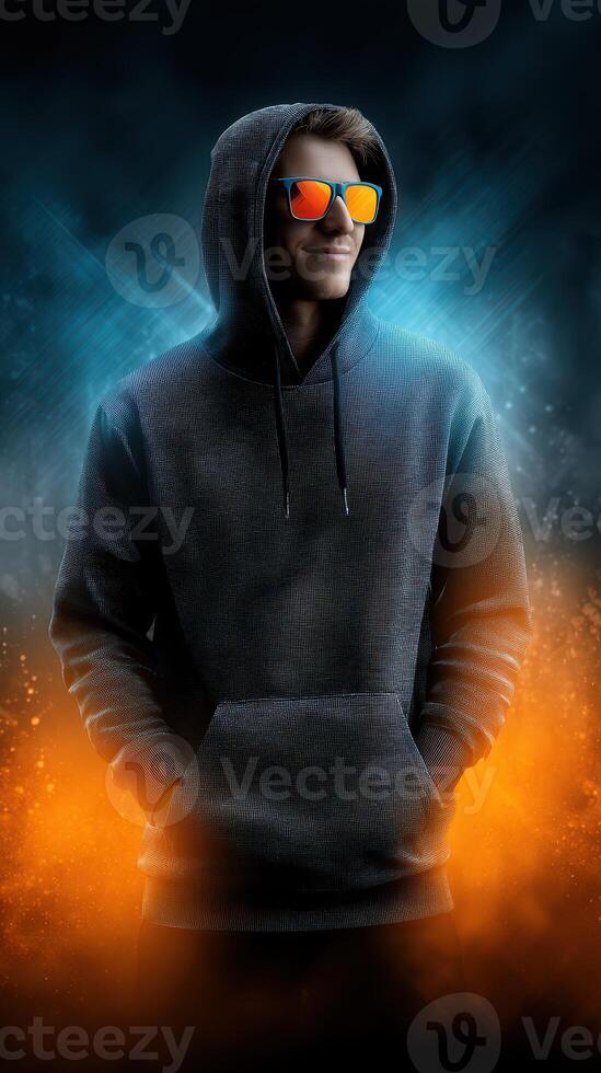 Young man wearing hoodie and sunglasses poses against dramatic blue and orange background with bright light effects photo