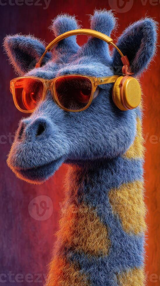 Brightly colored furry giraffe wears sunglasses and headphones in a vibrant studio setting photo