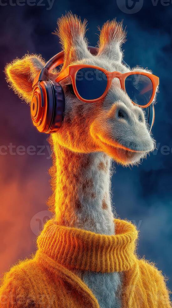 Giraffe wearing headphones and sunglasses in a vibrant, colorful setting, showcasing a playful and fun atmosphere photo