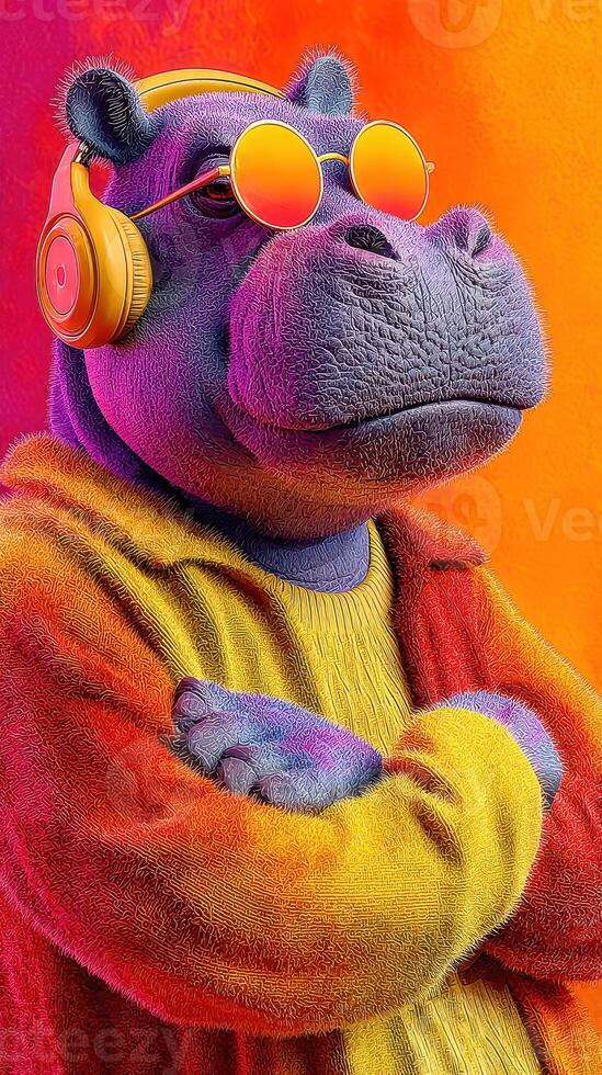 Hippo wearing sunglasses and headphones in a colorful background during a vibrant, artistic showcase photo