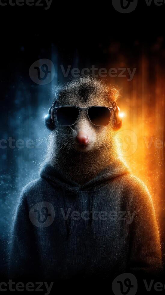 Hedgehog wearing sunglasses and headphones in a cool, colorful digital art setting photo