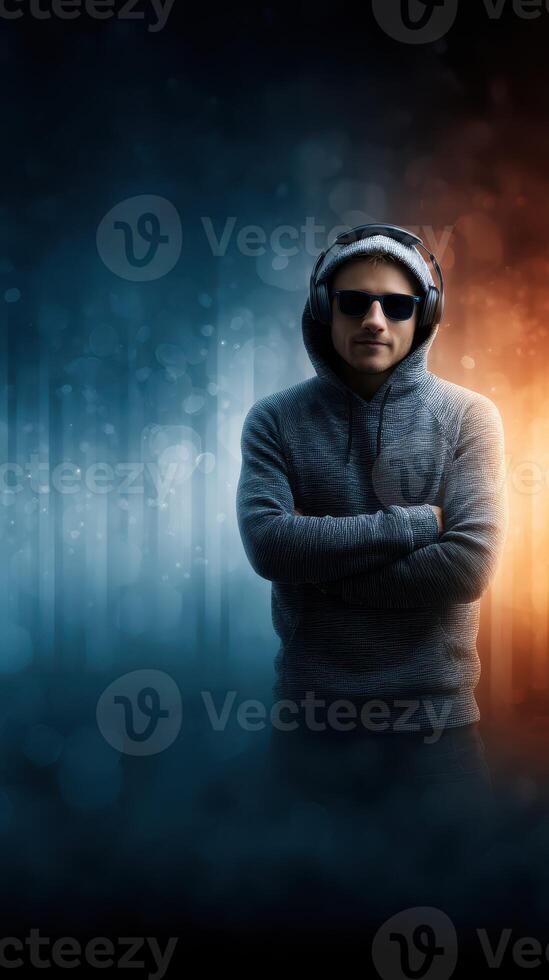 Musician performing with headphones in a moody atmosphere at night club photo