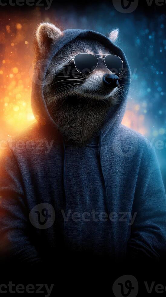 Raccoon character in hoodie and sunglasses with a colorful background at night photo