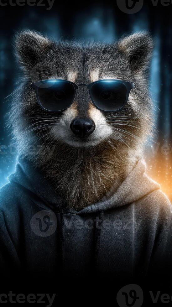 Stylish raccoon wearing sunglasses and hoodie in a mysterious forest setting at night photo