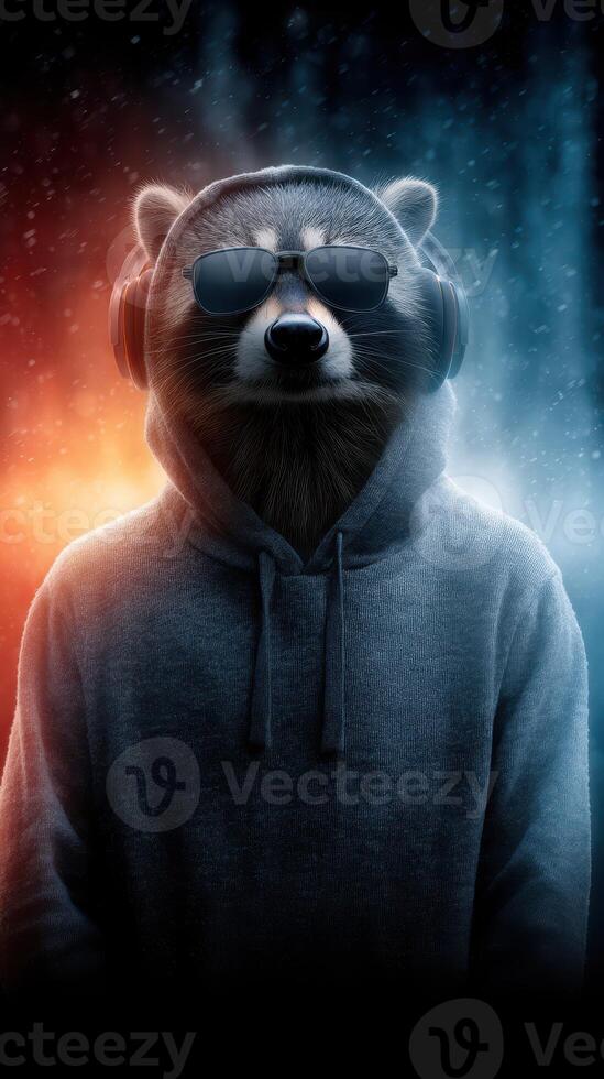 Raccoon wearing headphones and sunglasses in a stylish urban setting during a nighttime display of contrasting colors photo