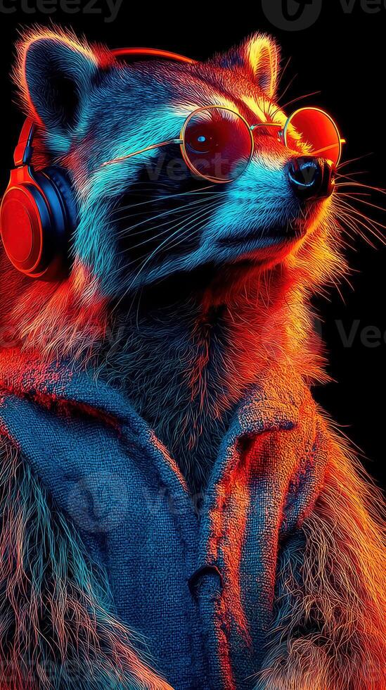 Raccoon wearing sunglasses and headphones enjoys music in neon lighting photo