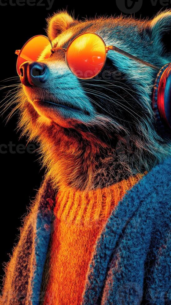 Raccoon wearing sunglasses and a cozy sweater enjoys a stylish look against a vibrant background photo