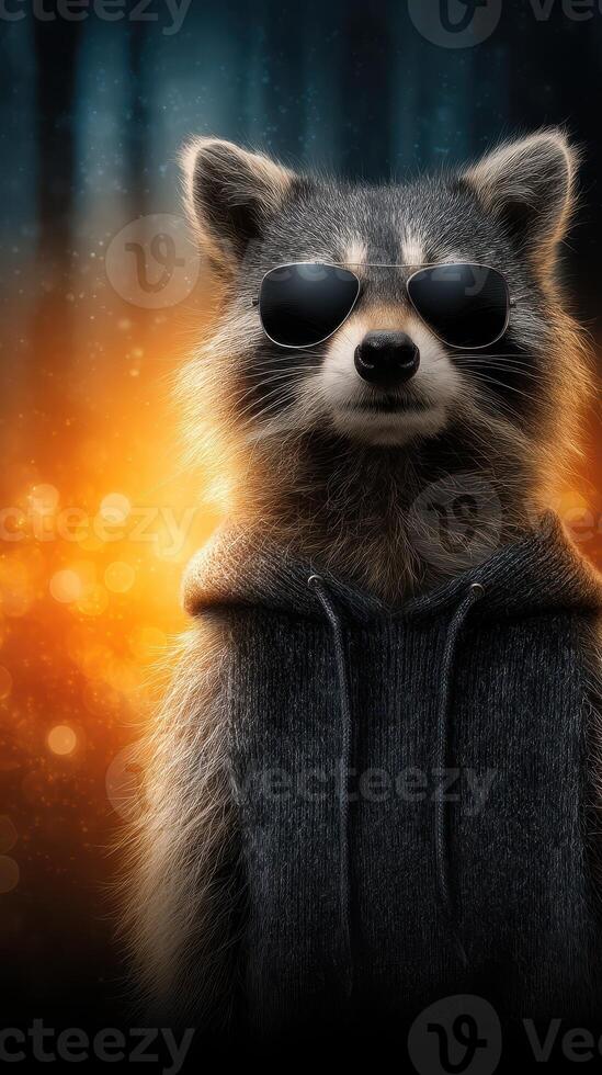 Raccoon wearing sunglasses and a hoodie strikes a cool pose in a forest setting at twilight photo