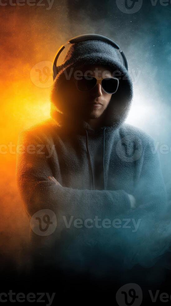 Mysterious figure in headphones and sunglasses illuminated by dramatic lighting in a foggy atmosphere photo