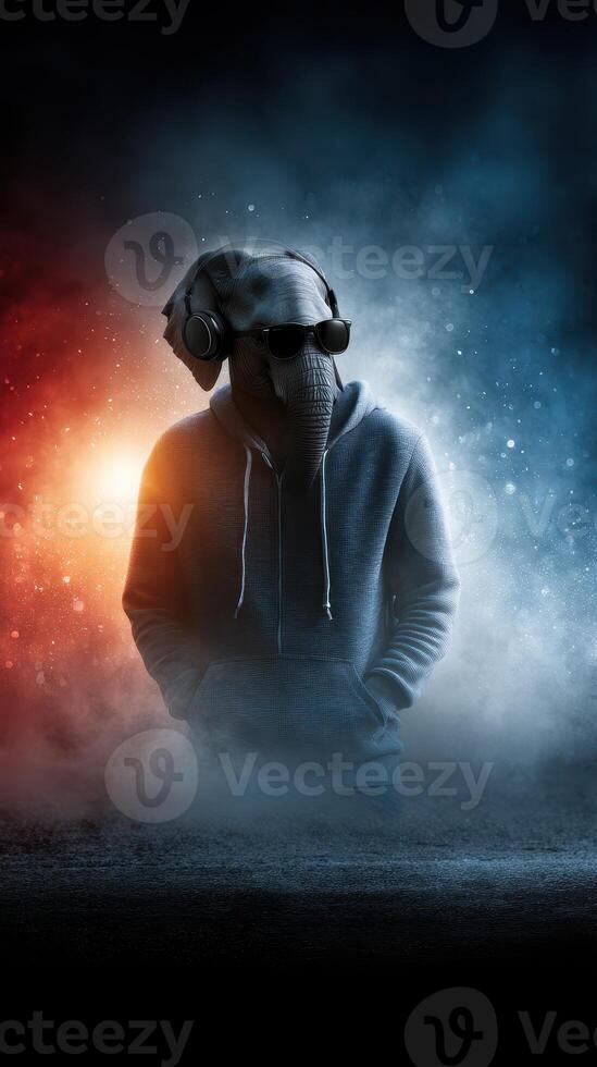 Elephant-headed figure in hoodie and headphones stands in dramatic foggy setting with contrasting lights photo