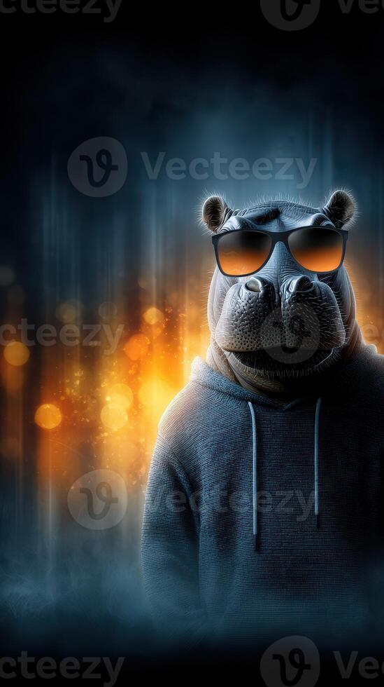 Hippo wearing sunglasses and hoodie in urban setting with bright blurred lights at night photo