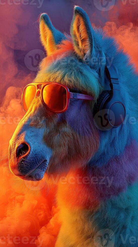 Colorful unicorn with sunglasses and headphones in vibrant, smoky background during a magical night scene photo